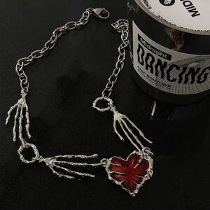 Silver Skeleton Hand Red Heart Choker Necklace